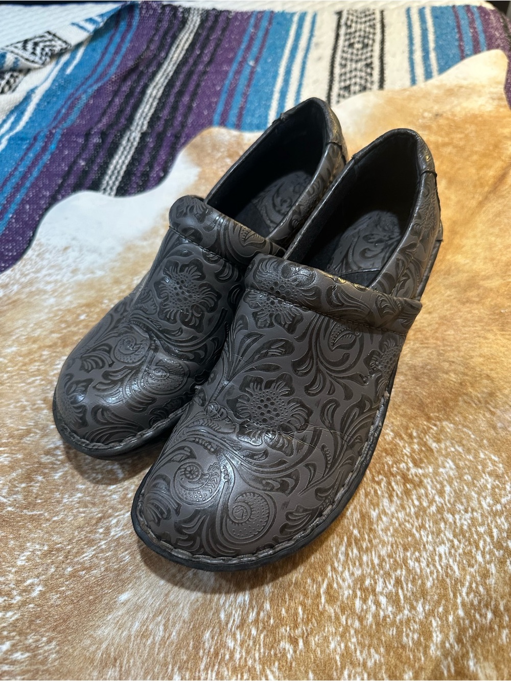 b.o.c. Dark Brown Embossed Floral Slip-On Clogs